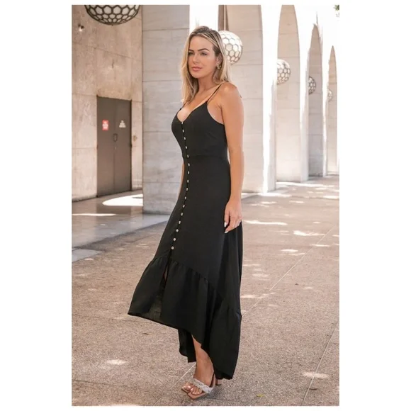 SOLD OUT Black Solid High Low Button Front Maxi Sleeveless Summer Casual Dress - Picture 3 of 7